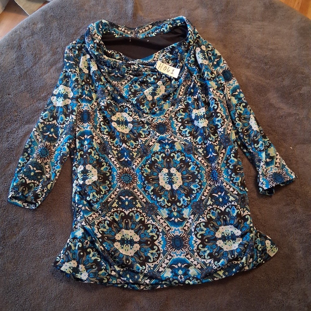 Vintage Blue Paisley Floral Tunic Top Women Size L Long Sleeve Stretch Soft Boho
